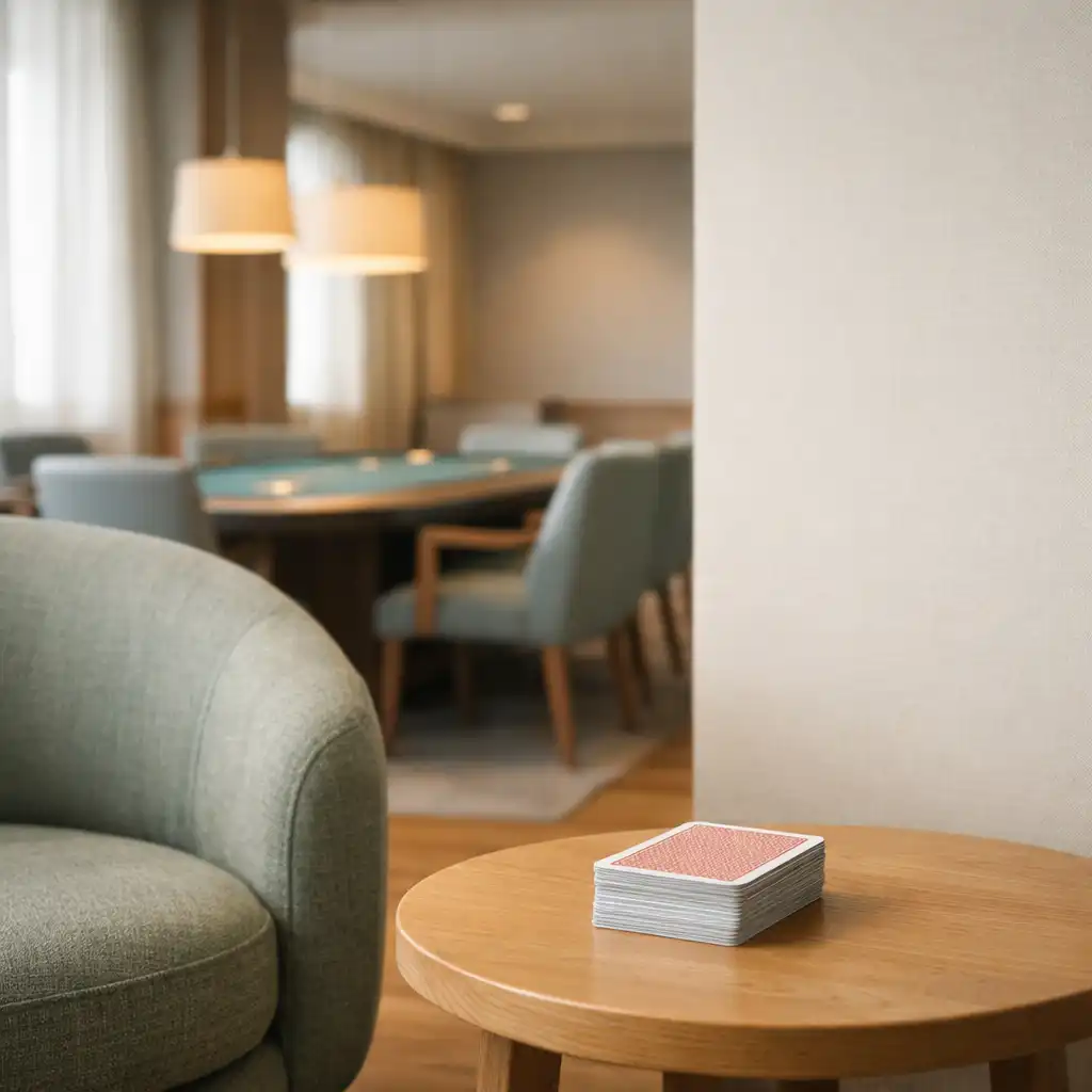 Daylit card lounge with timber table, deck of real cards and a poker table beyond