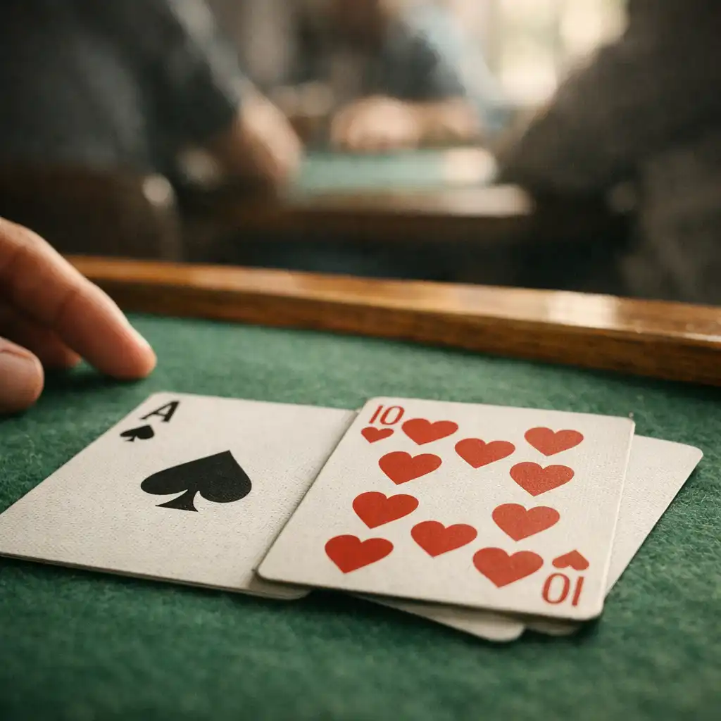 Close detail of real playing cards resting on green felt at a poker table