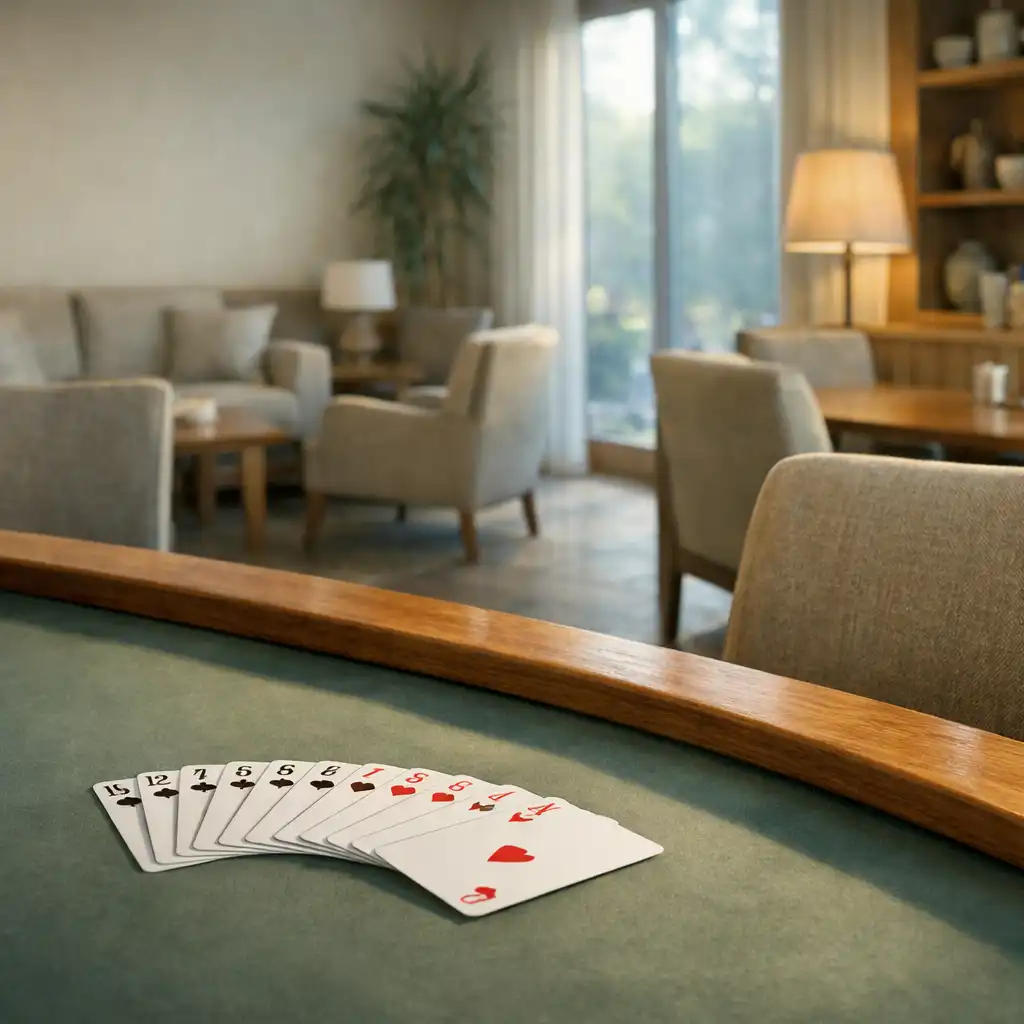 Real playing cards on green felt at a timber-edged poker table in the Card Lounge