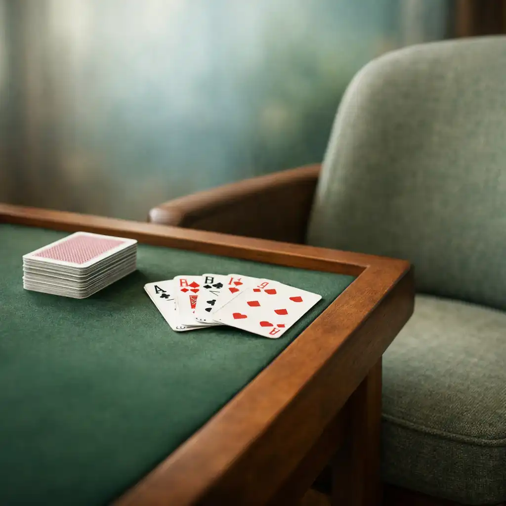 Real playing cards on a timber surface in a calm card lounge setting