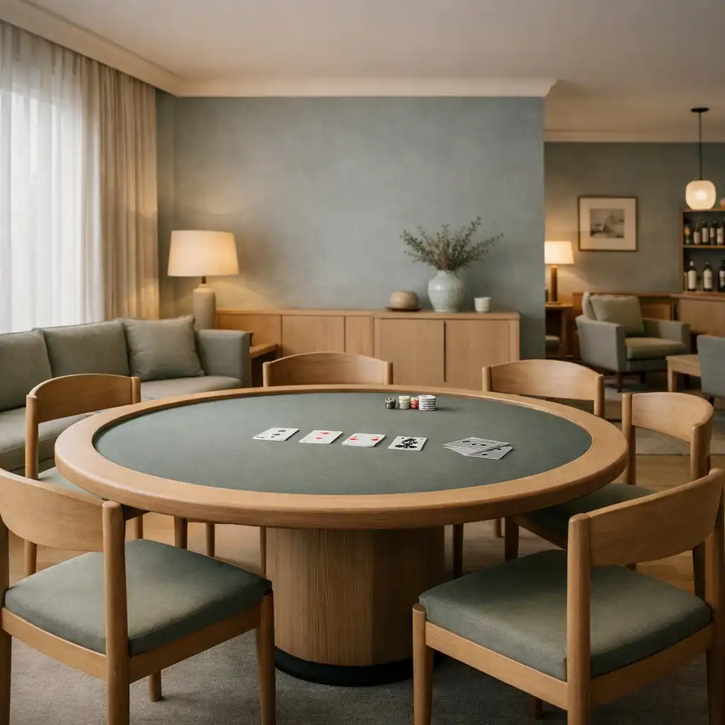 Sunlit Card Lounge interior with a central poker table, timber chairs and real cards