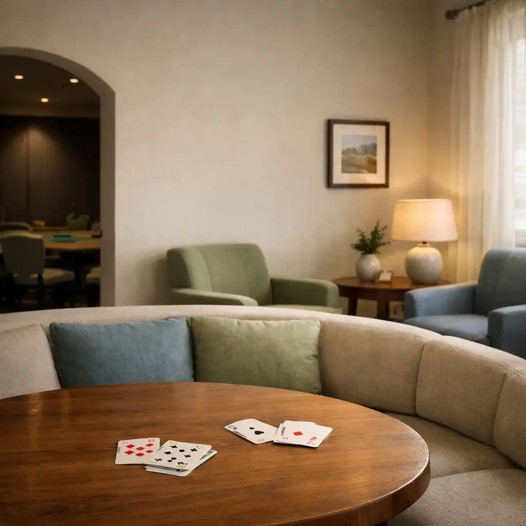 Quiet card lounge with a timber table, curved seating and discreet real cards
