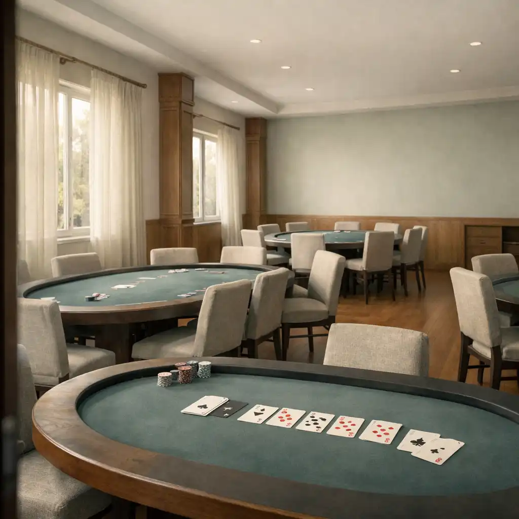A dedicated poker room with felt-topped poker tables in soft natural light