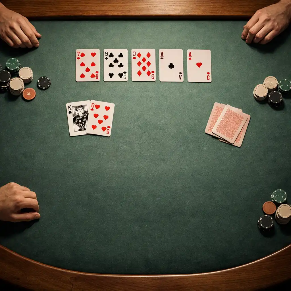 Overhead view of real cards on a softly lit green felt poker table