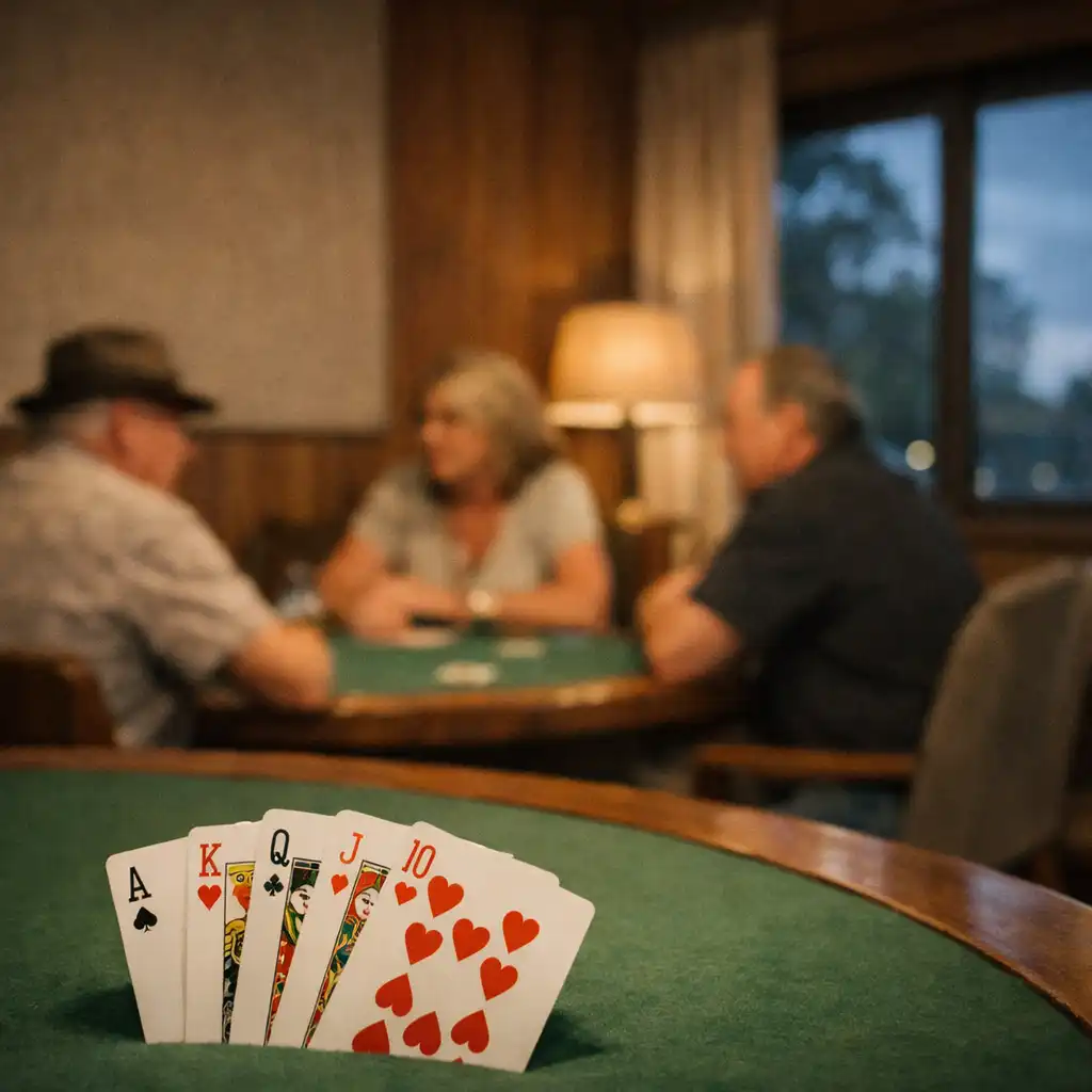 Real playing cards resting on a green felt poker table in a calm in-person poker room.