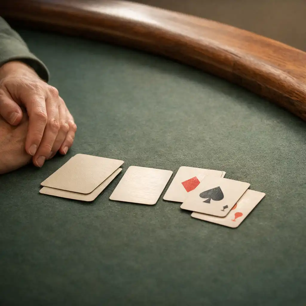 Adult hands near real playing cards on muted green felt beside a rounded timber poker table edge.