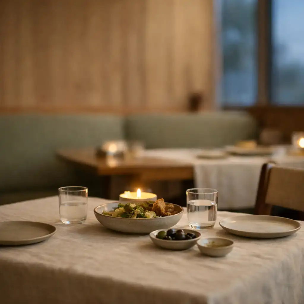 A quiet linen-covered restaurant table with shared dishes, ceramic plates and warm timber surroundings.