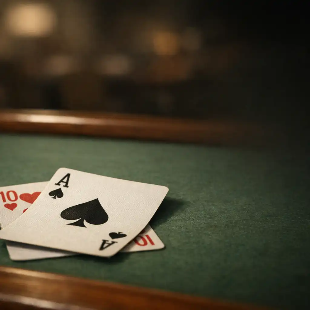 Real playing cards resting on green felt at a timber-edged poker table