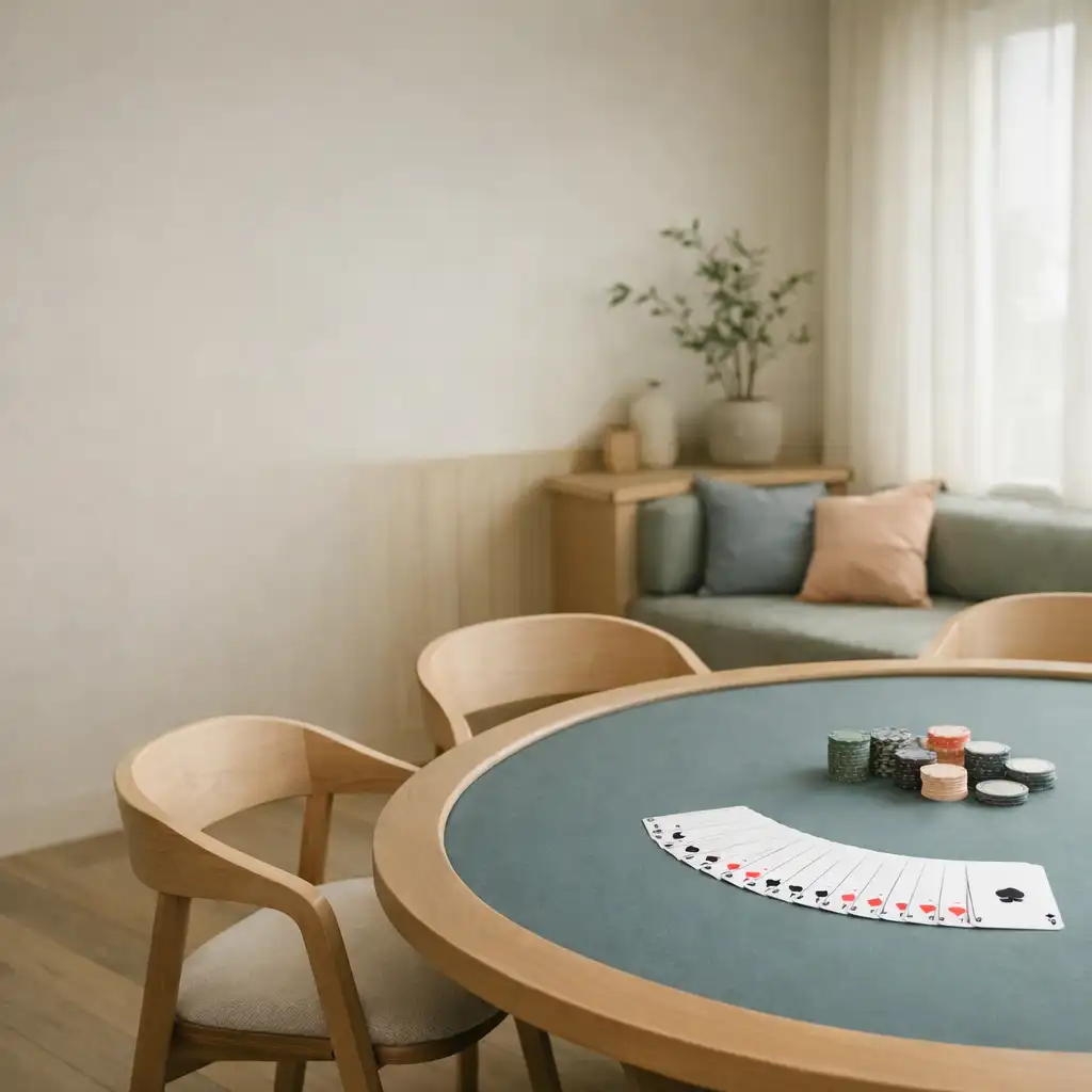 Sunlit felt poker table with real cards inside the dedicated poker room