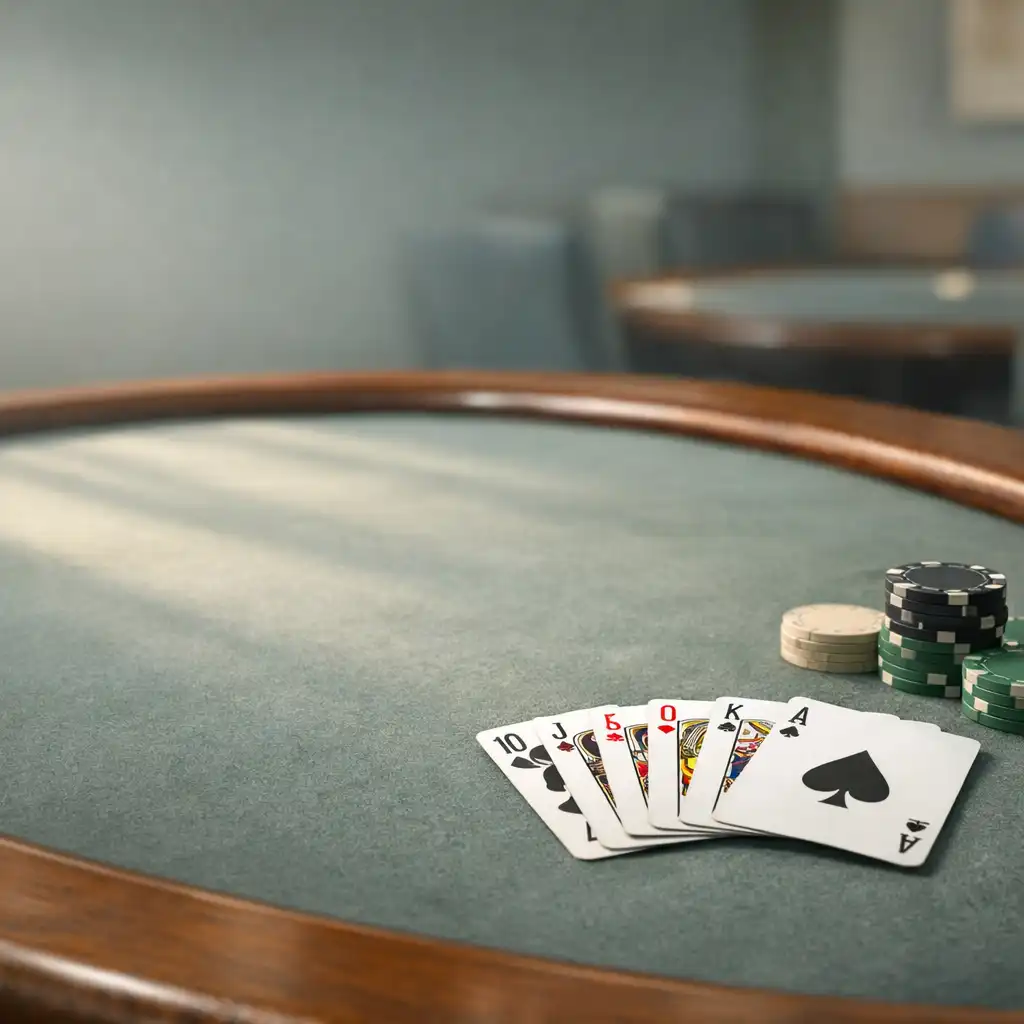 Real playing cards arranged on a felt poker table in a calm venue setting