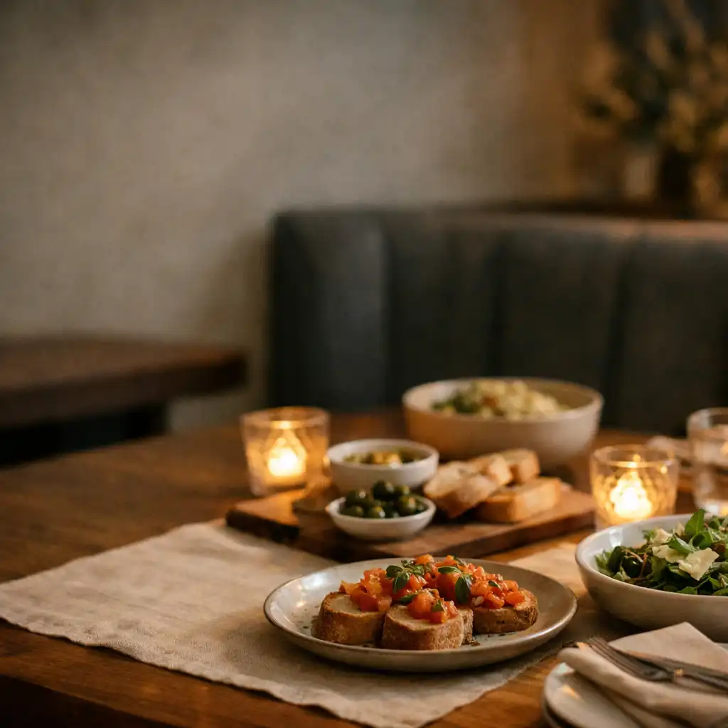 Warm timber restaurant table set with linen and shared dishes in soft evening light