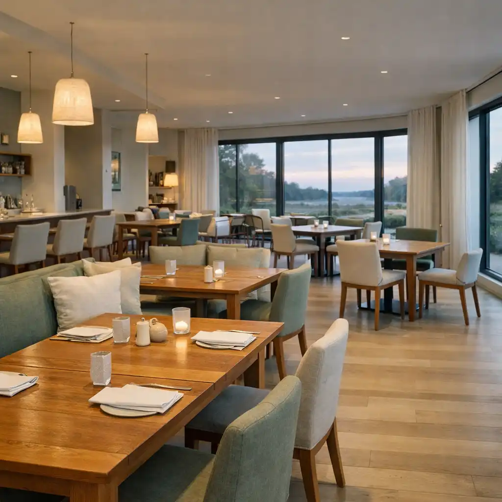 Calm restaurant interior with timber tables, linen and soft natural light