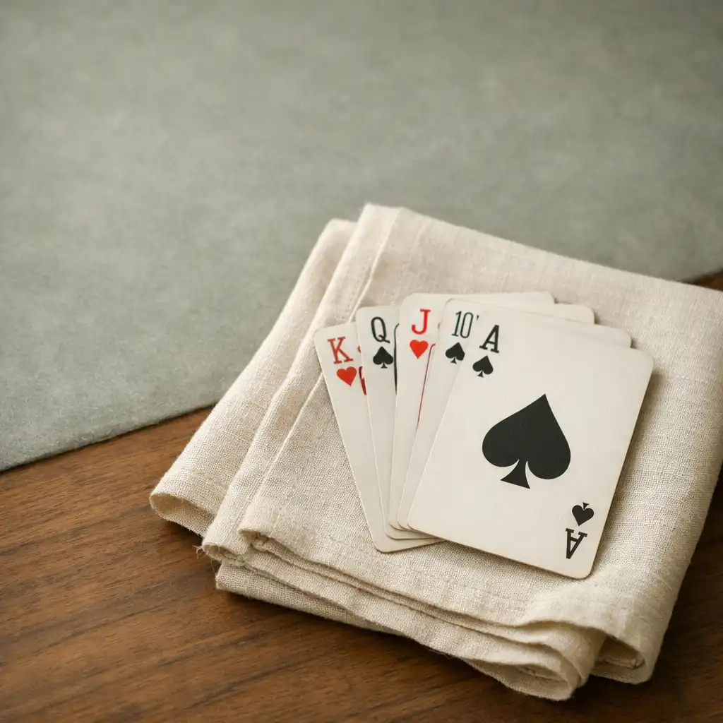 Fan of real playing cards on cream linen beside a warm timber tabletop