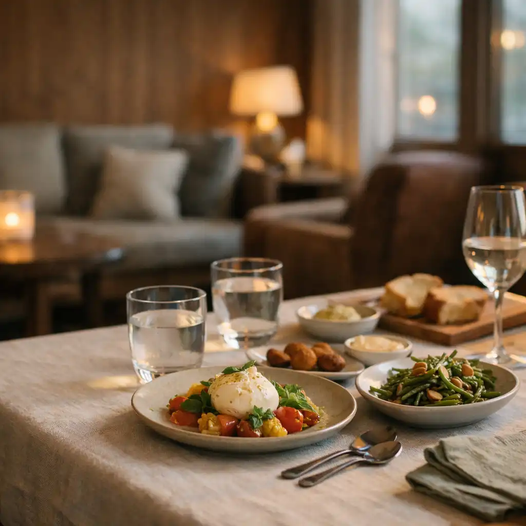Warm linen-set restaurant table in a quiet timber venue setting