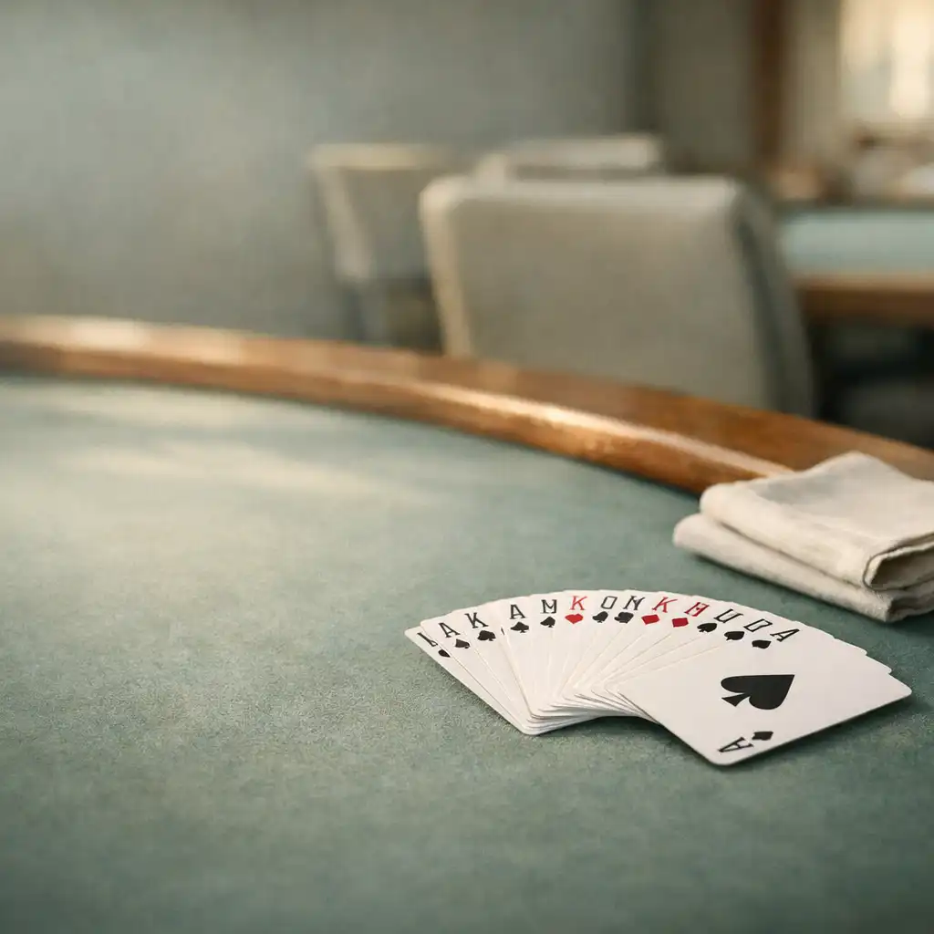 Real playing cards on a muted felt poker table beside a timber edge and linen napkin