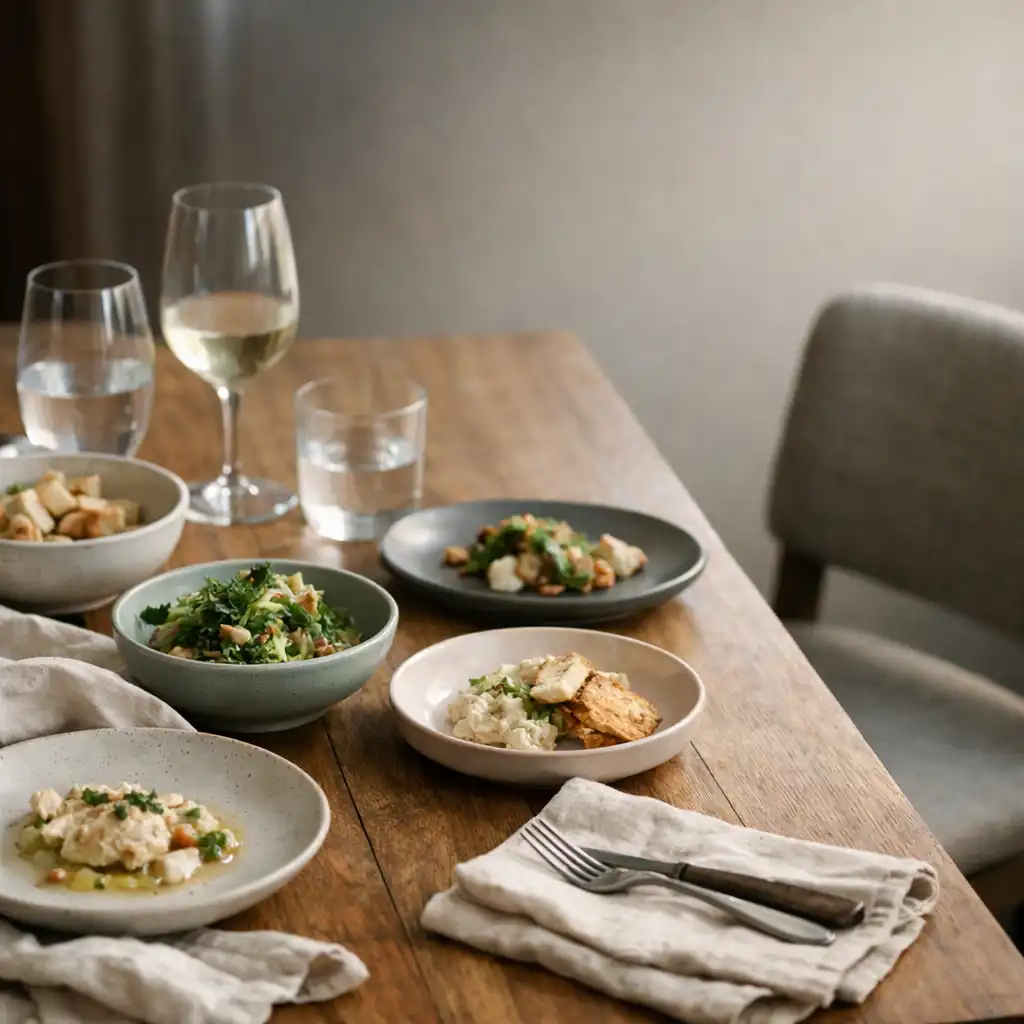 Shared dishes arranged on a warm timber table with natural linen