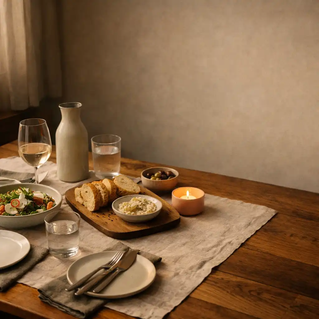 Warm timber restaurant table with linen and shared dishes in soft evening light